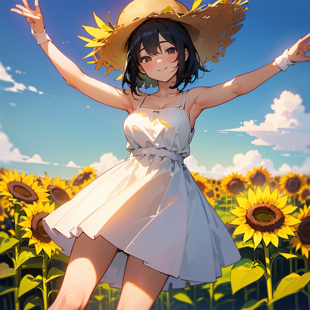 (Elementary school girl in the lower grades)(Gamine)(flat chest)(skinny limbs)(5Head and body)A dark-haired A smile a straw fedora hat White summer dress Childish white panties with light blue horizontal stripes sneakers In front of the sunflower field Walking The wind is blowing The skirt is twisted Panties are visible