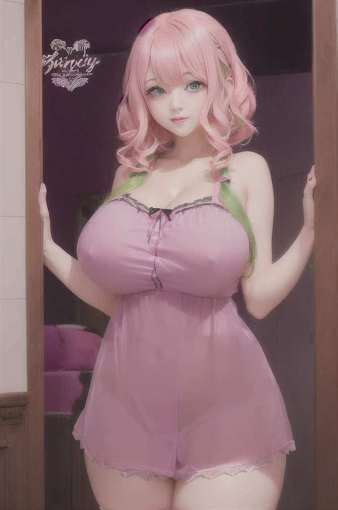 anime girl in pink lingerie with green hair and green eyes, ,  in dress, shirabii, , oppai, big breasts!!, sie boob, draped in fleshy green and pink, fluffy chest, with a large breasts, highly_detailed!!, big breasts!, thicc, oppai proportions