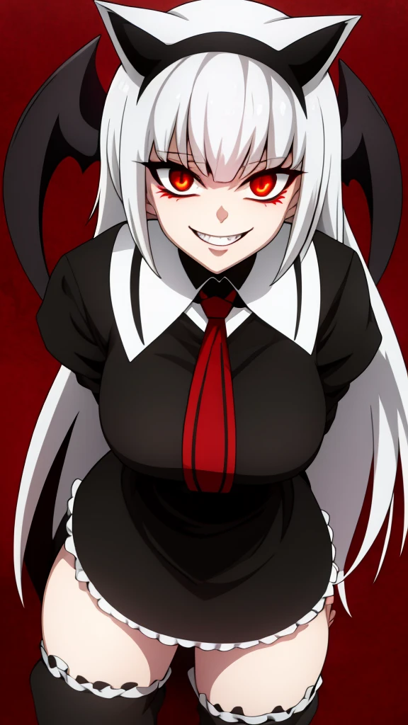 White hair,bit girl,dual horsetail,black-skinned,One eye is covered by bangs,cat ear,the maid outfit,Devilish charm,Sinister smile,Black whites of the eyeagic Array,Black and red background,slope,Cthulhu,Dark