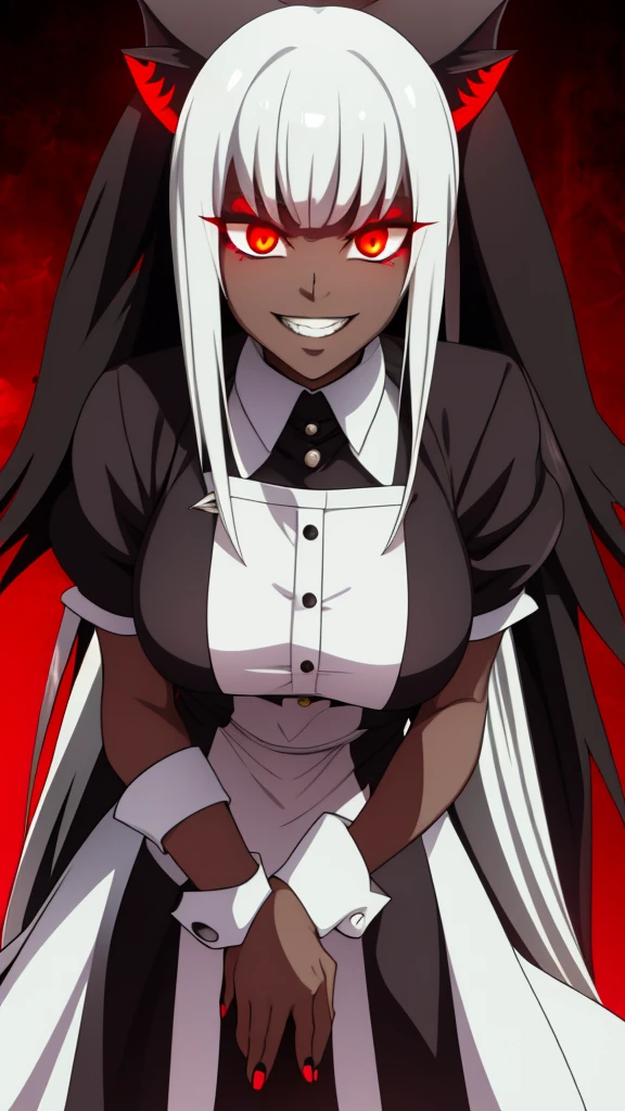 White hair,bit girl,dual horsetail,black-skinned,One eye is covered by bangs,cat ear,the maid outfit,Devilish charm,Sinister smile,Black whites of the eyeagic Array,Black and red background,slope,Cthulhu,Dark