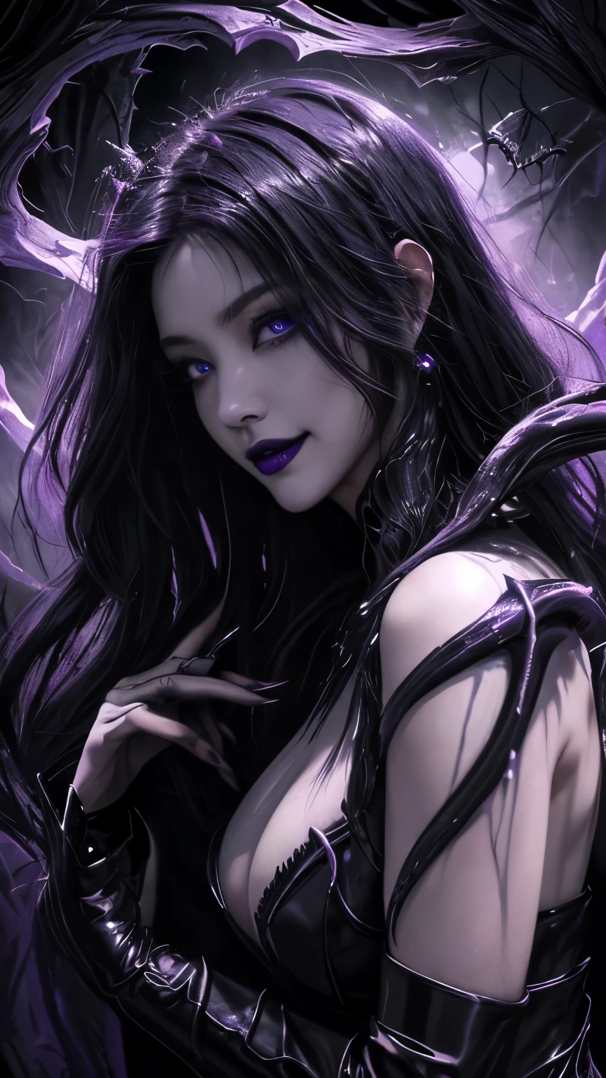 Esoteric arachnids lady, Spider Queen Elise, League of Legends, Esoteric arachnids, Combat Stance, ( body formed from metallic mauveine and metallic black liquid metallic paint twisting into a beautiful interpretation of the female figure), length, Sharp Fangs, nature, ((Complex metallic colors in the foreground)), (( Fluid Mechanics, The most beautiful smooth scale face makeup, Smirking expression)) - Dark blood, Onyxia、Noir painting of a beautiful young witch, length purple hair, dark purple lips, evil, evil female, smile, Black Prom Dress, She is coming to you, close, Bright Blue Eyes, Surrounded by swirling pink smoke, Genuine, High detail, Highest quality、A beastly demon wields a vicious Blade, Blood Chain, Behemoth Bones, Snake-like tentacles, Cruel Teeth, Expressions of madness, Oppressive Dungeon. 8K Vision Reveals Fear, Ultra HD detail makes monsters stand out, Grotesque shadows dance, The creature whispers, Stifling atmosphere, Vision problems, Visible Madness. Blade, A flash of evil intent shines, reflect (Light) Beyond the Darkness, Elucidate (Sharp details) and、Add a dizzying dimension to the impending chaos.