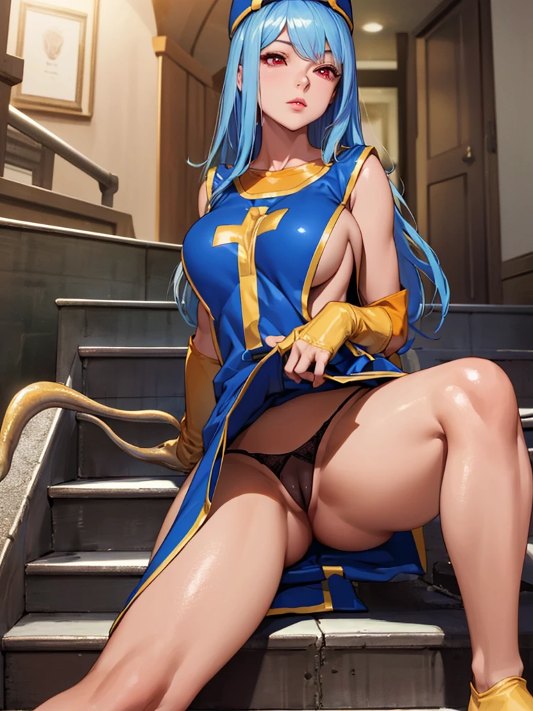 masterpiece,Highest quality, Unreal Engine, Super Resolution, Very detailed,
1 Girl, Waist, thin, (Muscular:0.8)
Round Breasts, Big Breasts, Bold,  Part your lips, Observe the audience,
Waist shot,Tentacles entangled in chest,Spread your legs,
, Key Visual,
 Light blue hair, Red eyes, Long-haired monk \(dq3\)
,Orange full body pantyhose,Tabard Elbow Gloves((Sitting on the stairs、Spread your legs上げる:1.3)),(Cameltoe:1.5)、、(Black string panties:1.2:1.2)