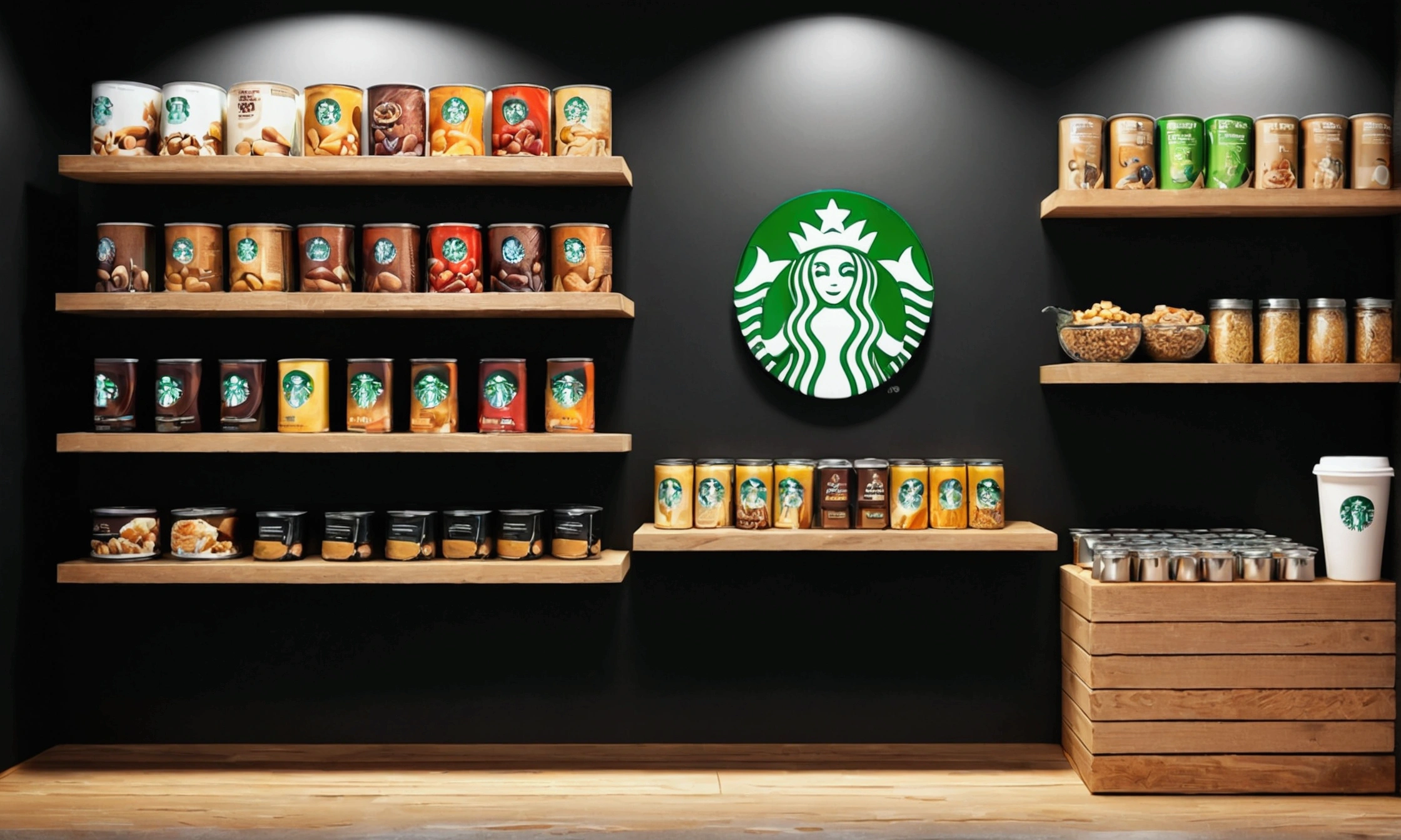 Cafe, Starbucks, Canned food in the foreground on a wooden shelf, Interior of the store with black walls, With empty square poster