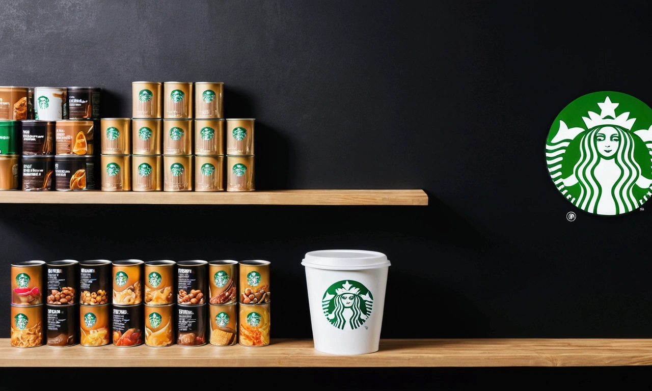 Cafe, Starbucks, Canned food in the foreground on a wooden shelf, Interior of the store with black walls, With empty square poster