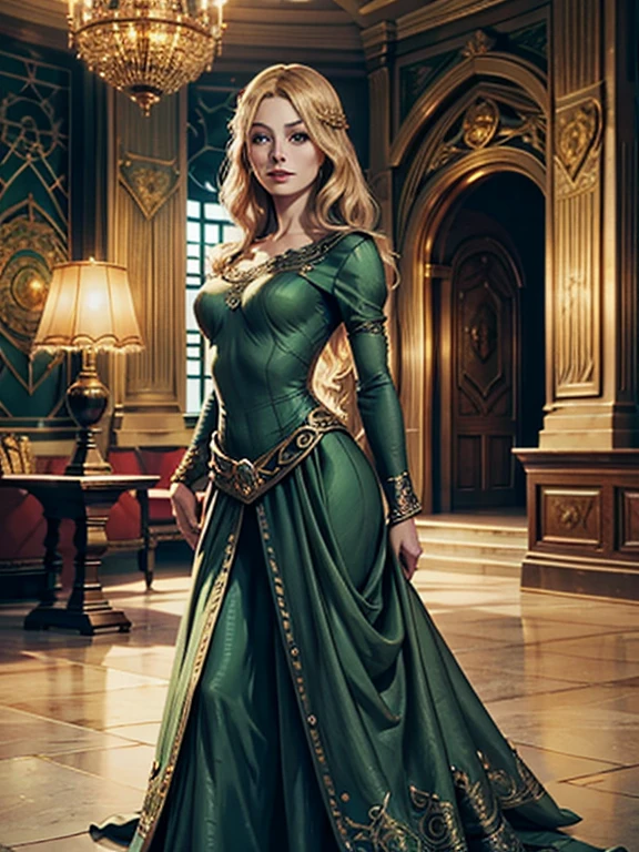 a beautiful woman in a long tight ball gown dress, Eowyn from the Lord of the Rings, exquisitely detailed portrait, detailed facial features, striking emerald green eyes, delicate facial structure, elegant hairstyle, dramatic ballroom setting with ornate chandeliers, luxurious interior, dramatic lighting, photorealistic, highly detailed, intricate fabric textures, shimmering satin, accentuating her figure, cinched waist, graceful pose, regal bearing, fantasy, digital art