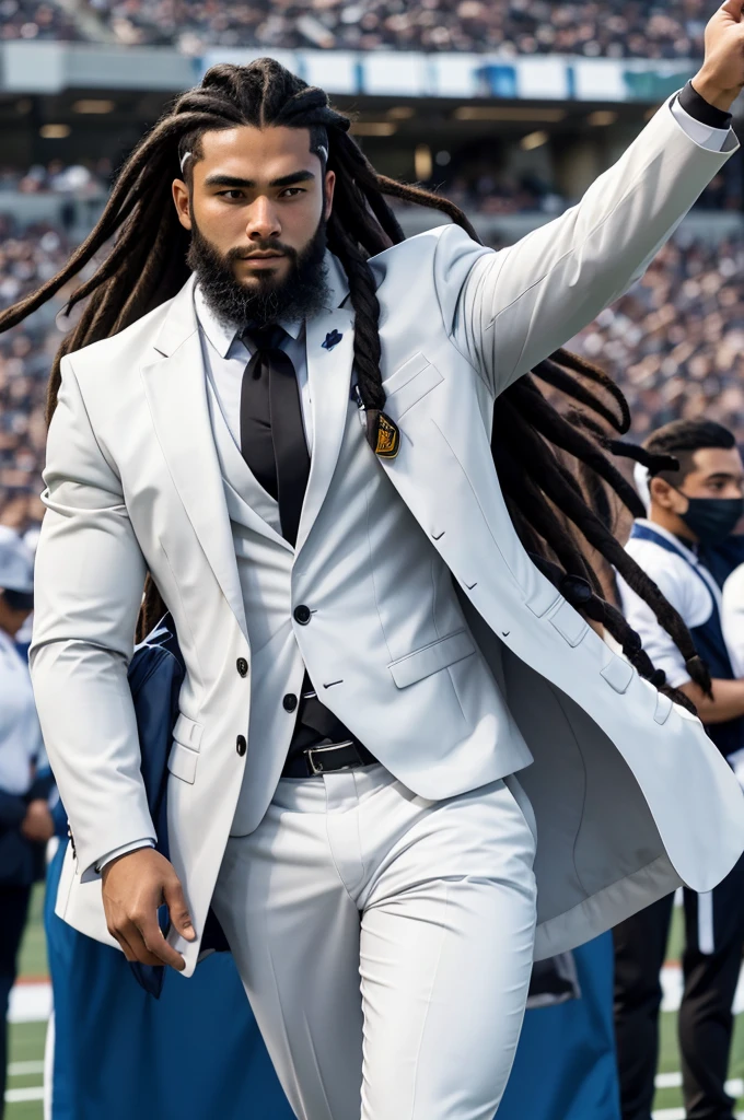 20 year old athletic man from samoa, black dreadlock hair, beard, wearing white business suit, at football stadium