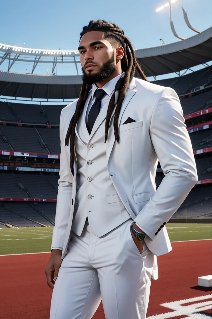 20 year old athletic man from samoa, black dreadlock hair, beard, wearing white business suit, at football stadium