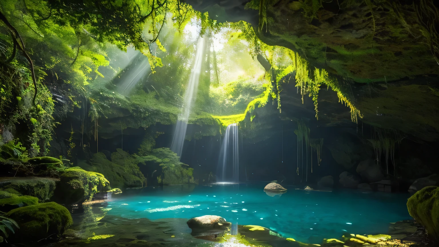 A mysterious cave deep in the forest, Towering, Ancient woods with twisted branches cascading across the landscape々. wood々is creepy, Otherworldly appearance, The bark is shiny, Luminous moss. The entrance to the cave is、Partly hidden by drooping vines and thick foliage。. soft, A fantastic light shines through the canopy, Casts mottled shadows on the forest floor. Inside the cave, small, The crystal clear pool reflects the vibrant greens and blues of the surrounding plants.. The atmosphere is mysterious and enchanting, Evoke a sense of hidden magic and ancient secrets.
