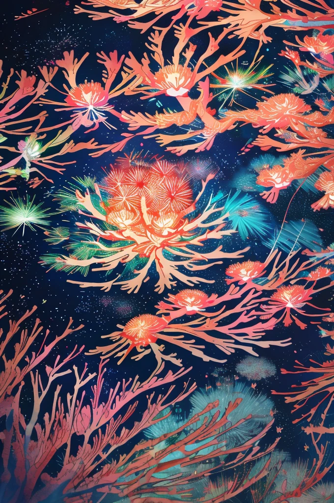 Microphotography, Anime girl made of glass in kimono silhouette, vibrant rainbow river, fireworks in night sky, colorful coral reefs, detailed illustration, Ukiyo-e style