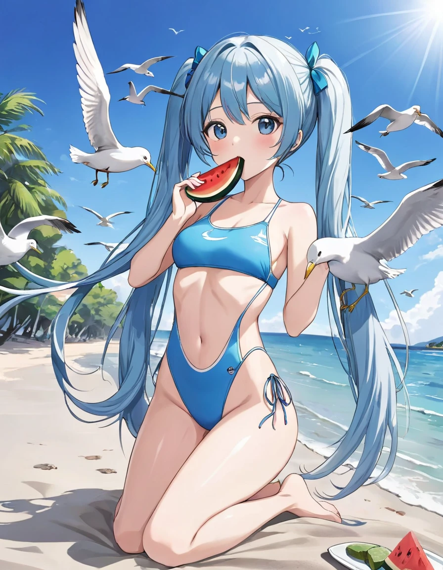 Light blue long hair、Beautiful girl with twin tails、A beautiful girl eating watermelon on the beach、Cute Swimsuit、Blue sky、Seagulls are flying、