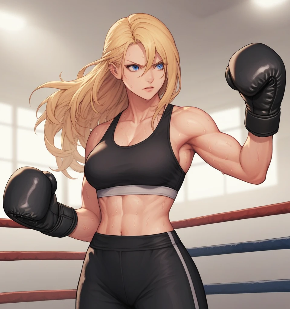 score_9, score_8_up, score_7_up, score_6_up, Detailed Background, BREAK
 Samusaran,1girl, long hair, sports bra,long black pants,boxing stance, sweating,blonde hair, blue eyes, BREAK
Boxing ring, boxing gloves