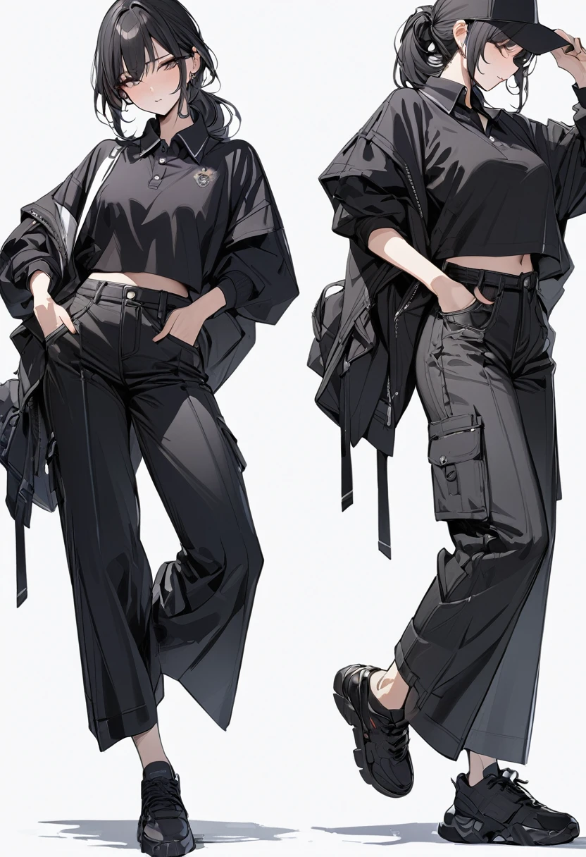 (Masterpiece, highest quality: 1.2), 1 girl, solo, polo shirt, layered, wide pants, black sneakers, whole body, simple background, simple background,