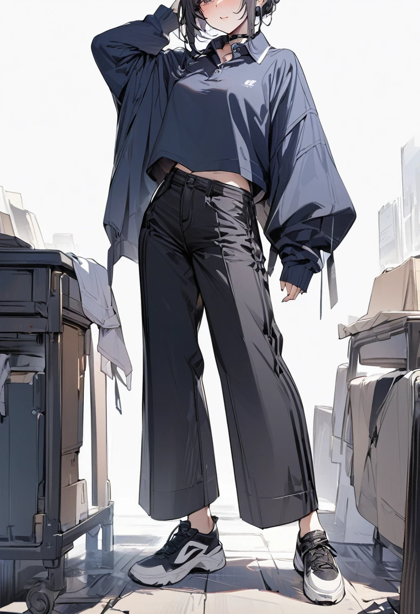 (Masterpiece, highest quality: 1.2), 1 girl, solo, polo shirt, layered, wide pants, black sneakers, whole body, simple background, simple background,