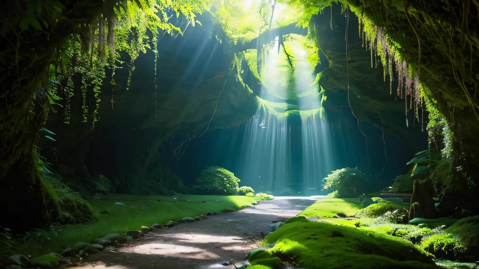 A mysterious cave deep in the forest, Towering, Ancient woods with twisted branches cascading across the landscape々. wood々is creepy, Otherworldly appearance, The bark is shiny, Luminous moss. The entrance to the cave is、Partly hidden by drooping vines and thick foliage。. soft, A fantastic light shines through the canopy, Casts mottled shadows on the forest floor. Inside the cave, small, The crystal clear pool reflects the vibrant greens and blues of the surrounding plants.. The atmosphere is mysterious and enchanting, Evoke a sense of hidden magic and ancient secrets.