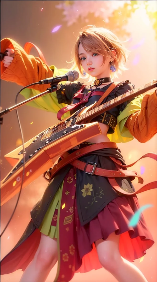 girl with a guitar, masterpiece, ((perfect eyes)) best quality, (semirealism:1.9), beautiful lighting, (extremely detailed CG unity 4k fhd wallpaper), High Detail, Sharp focus, dramatic outdoors ,30 years old, brown short hair, black white eyes.
