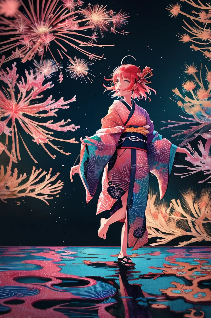 Microphotography, Anime girl made of glass in kimono silhouette, vibrant rainbow river, fireworks in night sky, colorful coral reefs, detailed illustration, Ukiyo-e style