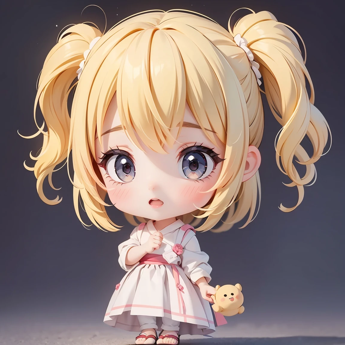  Super Chibi Character：1.8、wearing cute sandals、background：Simple all over、Blonde Hair、Cute 7 year old girl、Random cute outfits、Prayer Pose：1.8