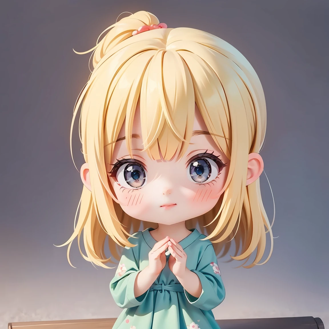 Super Chibi Character:1.8、wearing cute sandals、background:Simple all over、Blonde Hair、Cute 7 year old girl、Random cute outfits、Prayer Pose:1.8