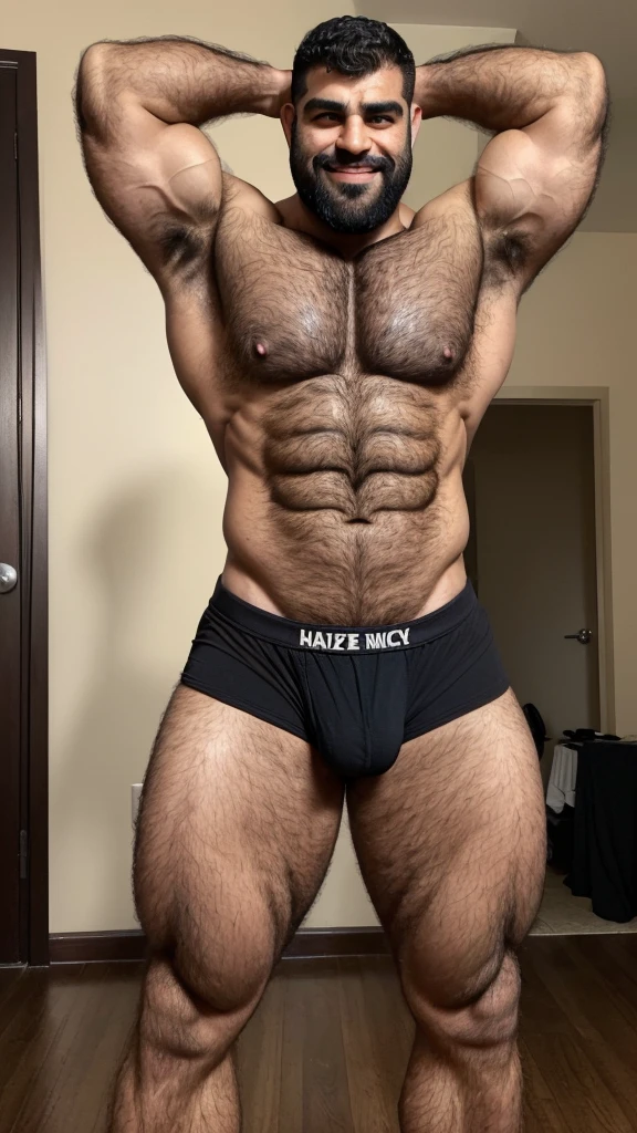 Extremely muscular, very hairy, rugged Arab daddy flexing his arms ((Sweaty)) ((Hairy)) ((Thick, full, curly black body hair all over)) ((Thick, excessive chest hair)) ((Curly, full chest and torso hair)) ((Thick, full happy trail of hair all over his abs)) ((Late 40s)) ((Extremely handsome)) ((Square jaw)) ((Sweating)) ((Smiling menacingly)) ((wearing black underwear)) ((black briefs)) ((Excessive pubic hair)) ((Short, military haircut)) ((Buzz cut)) ((Homoerotic)) ((Extremely realistic)) ((Seductive glare)) ((Unibrow)) ((unibrow)) ((caveman brow bone)) ((moustache)) ((head to toe)) ((full body)) ((hairier)) ((more hair)) ((ape)) ((more body hair)) ((extreme body hair)) ((fur)) ((dad bod)) ((very tan)) ((tan)) ((middle eastern)) ((Arab)) ((black briefs)) ((underwear)) ((thick, black armpit hair)) ((clothed)) ((flexing arms)) ((flexing biceps))