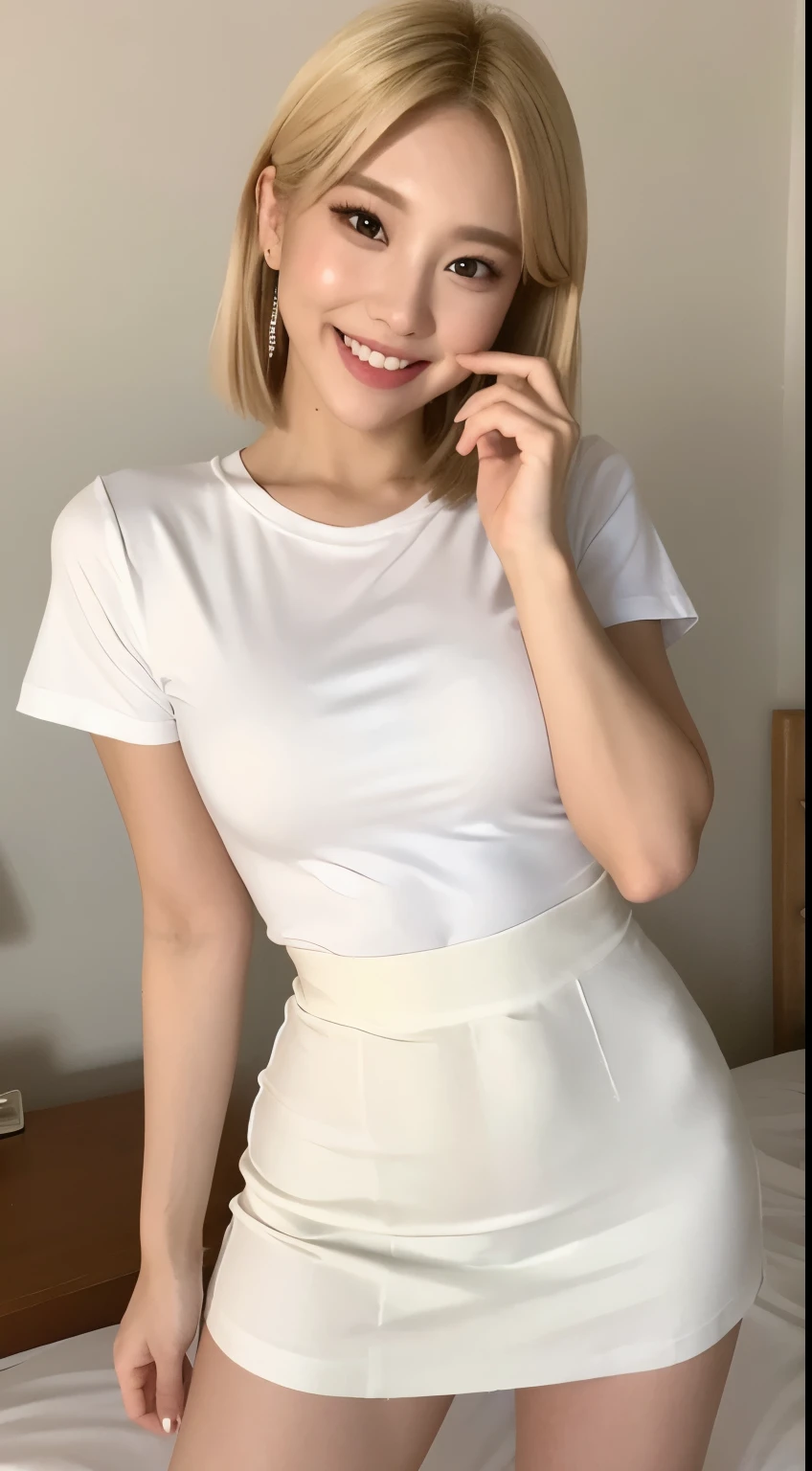 White tight shirt、White tight skinny mini skirt、bed、smile、Short sleeve、high resolution、Korean idol face、double eyelid、White teeth、Medium Hair、Blonde
