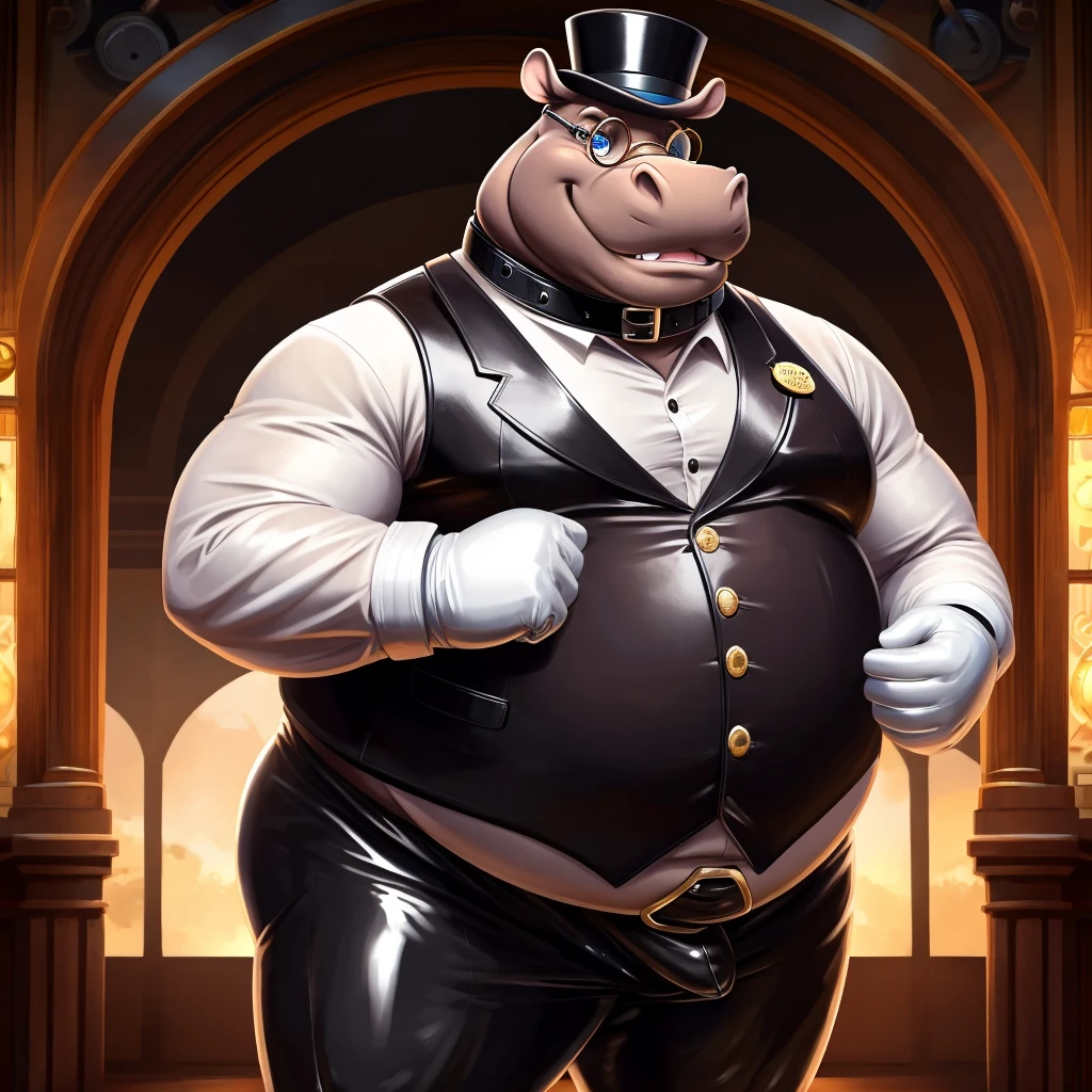 Solo, Male, fat, extremely obese, gentleman, dapper Professor Hippopotamus, blue eyes, (posing:1.3), (soft shading), 4k, hi res, ((detailed face, detailed)), looking at viewer, mouth wide open, steampunk, collared shirt with buttons, top hat, male focus, Explorer Outfit, glasses, monocle, vest with buttons, sleeves rolled up, round eyewear, brown headwear, brown vest, Hippopotamus is wearing a glossy leather dog collar around the neck, Hippopotamus is wearing the leather collar and shirt and vest at the same time, Hippopotamus is wearing glossy white rubber gloves on the hands, wearing white rubber gloves on the feet, gloves are rubber in texture, clenching teeth, clenching fists, leather collar is glossy and shiny with a lot of detail, Hippopotamus is wearing gloves and leather collar at the same time, leather collar has a round dog-tag, leather collar is thick and detailed, leather collar is glossy and shiny, fancy clothing, dapper vest, dapper shirt, leather collar is thick.