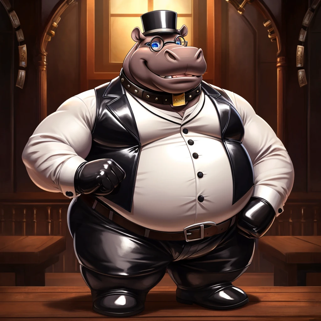 Solo, Male, fat, extremely obese, gentleman, dapper Professor Hippopotamus, blue eyes, (posing:1.3), (soft shading), 4k, hi res, ((detailed face, detailed)), looking at viewer, mouth wide open, steampunk, collared shirt with buttons, top hat, male focus, Explorer Outfit, glasses, monocle, vest with buttons, sleeves rolled up, round eyewear, brown headwear, brown vest, Hippopotamus is wearing a glossy leather dog collar around the neck, Hippopotamus is wearing the leather collar and shirt and vest at the same time, Hippopotamus is wearing glossy white rubber gloves on the hands, wearing white rubber gloves on the feet, gloves are rubber in texture, clenching teeth, clenching fists, leather collar is glossy and shiny with a lot of detail, Hippopotamus is wearing gloves and leather collar at the same time, leather collar has a round dog-tag, leather collar is thick and detailed, leather collar is glossy and shiny, fancy clothing, dapper vest, dapper shirt, leather collar is thick.
