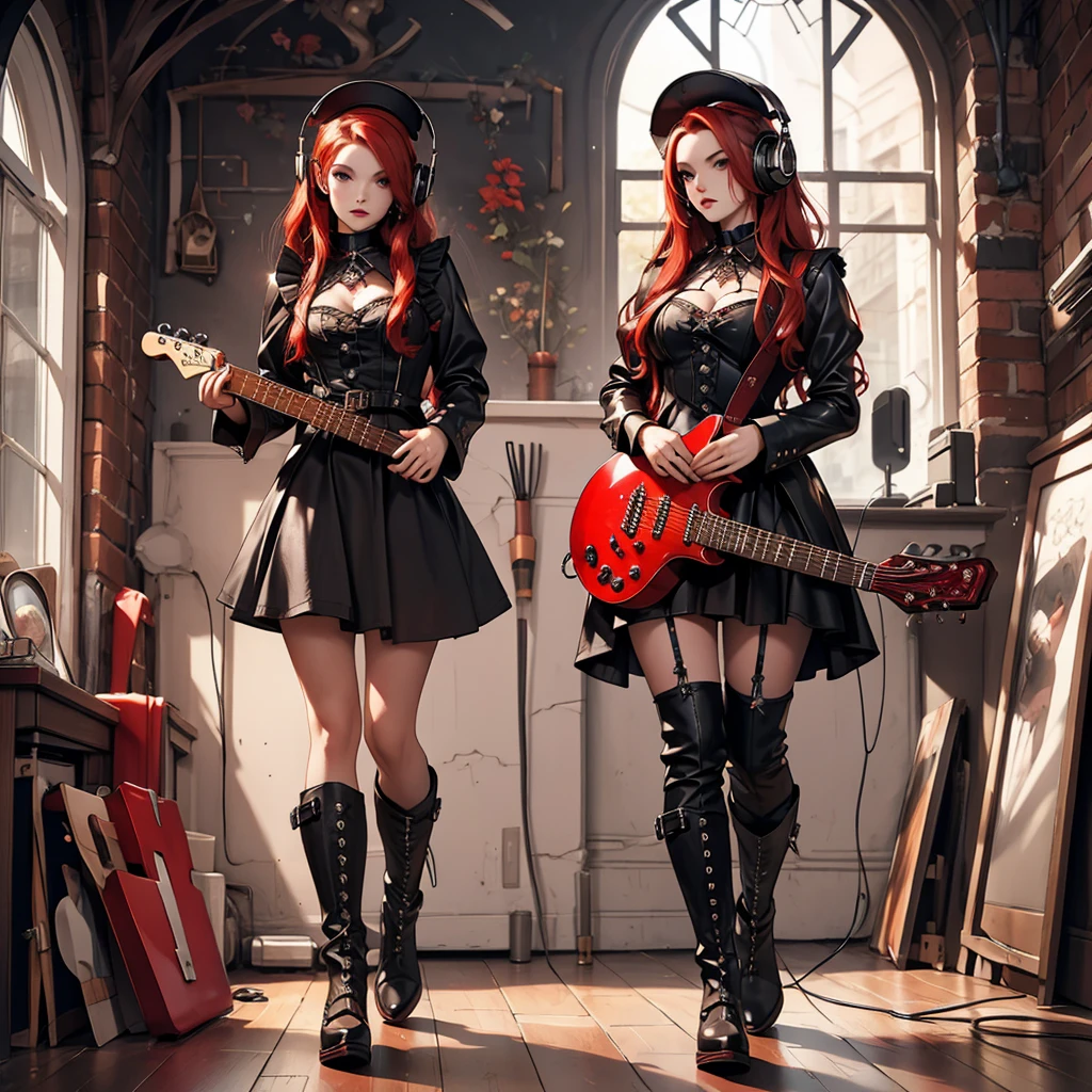avant-garde painting,beautiful American girl,long red hair,headphones,Gothic maid clothes,leather long black boots,Electric guitar,2022s surrealism fashion illustration