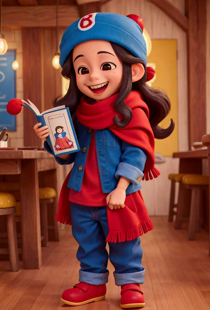 boy, wide smile, long curly hair, red cap covering the eyes. Blue coat and yellow pants. Book in hands. monkey on the shoulder