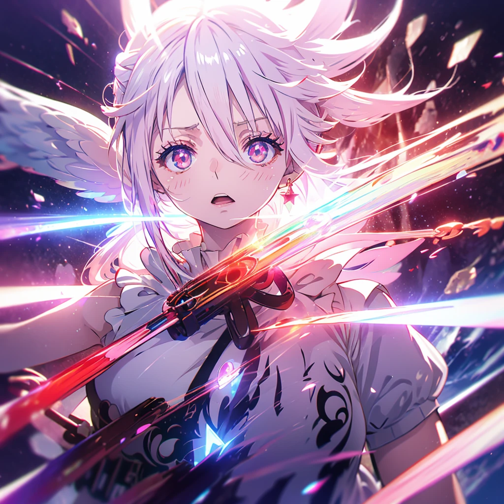 Red and white hair pendant Shiny earrings Flowing hair Bathed in light Open your mouth Sad and Insanity Shining Aura Shining Crystal Eyes Confetti Particles of light Eye shine red
(night Distorted Space-Time star moon )
Catch the wind Light