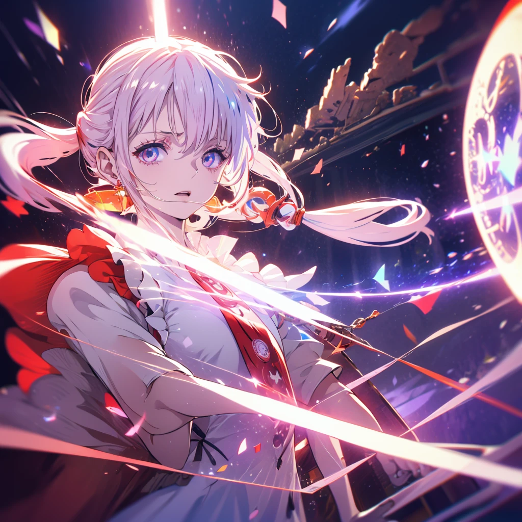 Red and white hair pendant Shiny earrings Flowing hair Bathed in light Open your mouth Sad and Insanity Shining Aura Shining Crystal Eyes Confetti Particles of light Eye shine red
(night Distorted Space-Time star moon )
Catch the wind Light