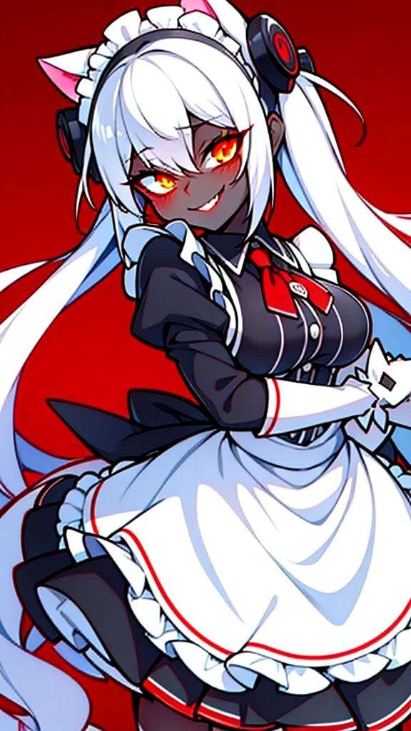 White hair，bit girl，dual horsetail，black-skinned，One eye is covered by bangs，cat ear，the maid outfit，Devilish charm，Sinister smile，Black whites of the eyeagic Array，Black and red background，slope，Cthulhu，Dark