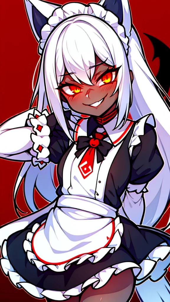 White hair,bit girl,dual horsetail,black-skinned,One eye is covered by bangs,cat ear,the maid outfit,Devilish charm,Sinister smile,Black whites of the eyeagic Array,Black and red background,slope,Cthulhu,Dark
