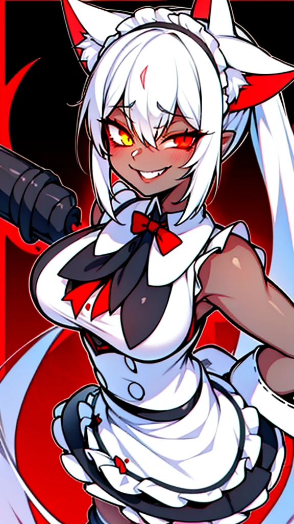White hair,bit girl,dual horsetail,black-skinned,One eye is covered by bangs,cat ear,the maid outfit,Devilish charm,Sinister smile,Black whites of the eyeagic Array,Black and red background,slope,Cthulhu,Dark