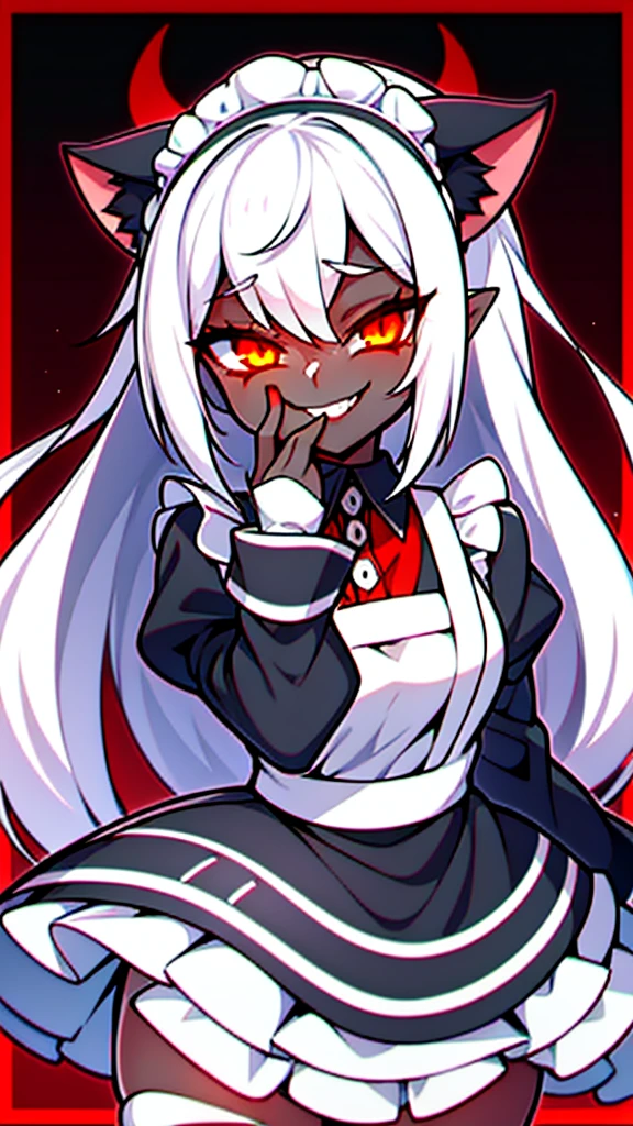 White hair，bit girl，dual horsetail，black-skinned，One eye is covered by bangs，cat ear，the maid outfit，Devilish charm，Sinister smile，Black whites of the eyeagic Array，Black and red background，slope，Cthulhu，Dark