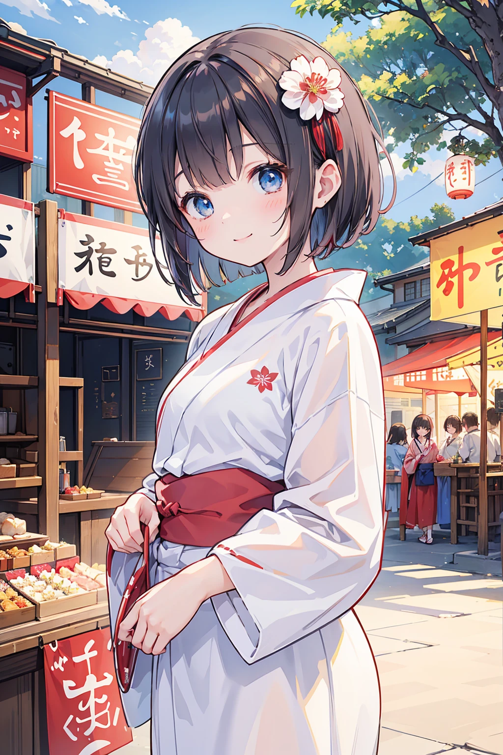 Photorealistic、Highest quality、Highest Resolution、Highest quality、8K、1人のBeautiful woman、Beautiful woman、Beautiful woman、cute、Bob Cut Hair、Dark Hair Color、Light blue eyes、花柄のRed yukata、Red yukata、Summer festival、noon、morning、cloudy、Lots of food stalls、looks fun、smile、