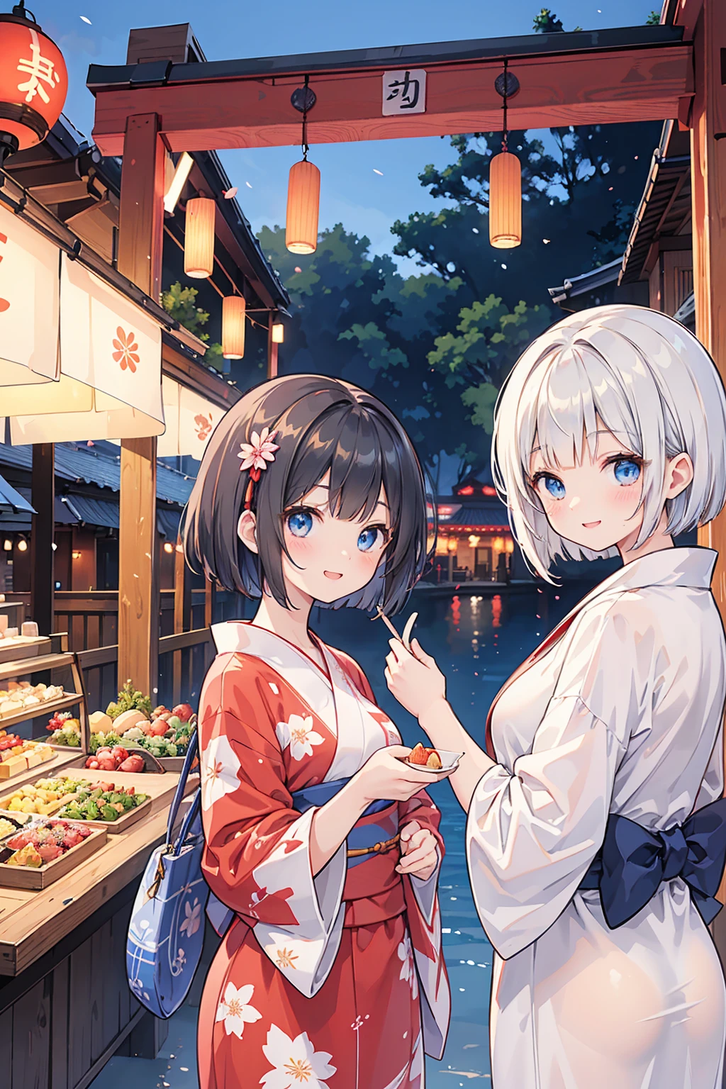 Photorealistic、Highest quality、Highest Resolution、Highest quality、8K、1人のBeautiful woman、Beautiful woman、Beautiful woman、cute、Bob Cut Hair、Dark Hair Color、Light blue eyes、花柄のRed yukata、Red yukata、Summer festival、noon、morning、cloudy、Lots of food stalls、looks fun、smile、