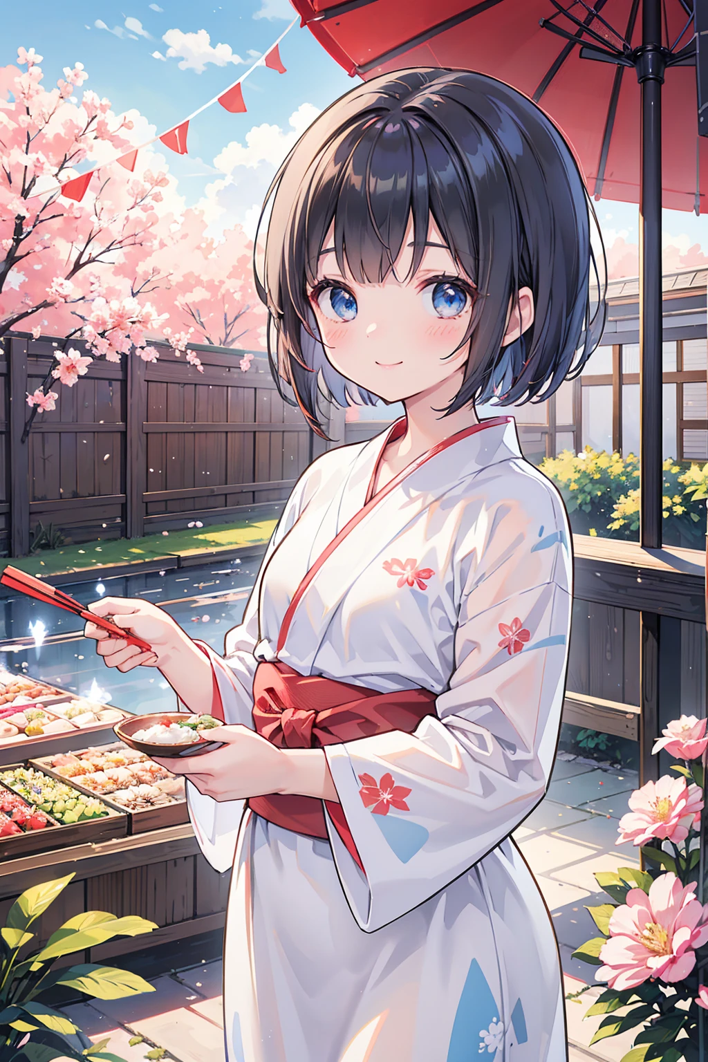 Photorealistic、Highest quality、Highest Resolution、Highest quality、8K、1人のBeautiful woman、Beautiful woman、Beautiful woman、cute、Bob Cut Hair、Dark Hair Color、Light blue eyes、花柄のRed yukata、Red yukata、Summer festival、noon、morning、cloudy、Lots of food stalls、looks fun、smile、