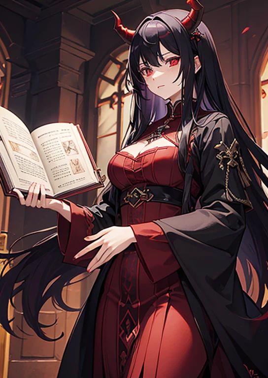 (masterpiece, top quality, best quality, beautiful and aesthetic:1.2), cinematic lighting, highly intricate details, masterfully drawn, (dark theme), gothic style, dark art, trending on cgsociety, impressionist, ultra sharp, ornate design, (runic symbols on face:1.4), UHD, highres, gloomy atmosphere, eerie, 1girl, black hair, (single braid in front), (mascara:1.4), red lipstick, expressionless, reading book, beautiful gothic dress, cleavage, veil, sitting, table, bookshelves, library