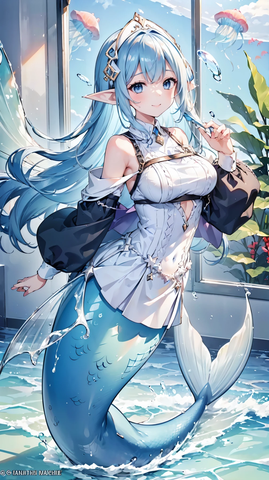 masterpiece, best quality,A girl,Blue Hair,White Dress,Ahoge,blue eyes, Elf ears,独奏,Large Breasts,Mermaid,蓝色的Mermaid尾巴,full-body shot,transportation facilities_against_window,blue theme, (in water:1.2), (air bubble:1.3), Inside the train, (surreal:1.2), (jellyfish:1.2), (whale:1.1),(fish:1.2),blurred foreground,charming face(Kawaii, charming,Soft),Looking at the audience,Smile