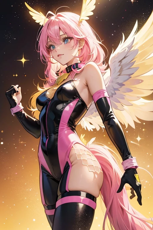 Honeycomb is a yellow girl pegasus with a glittery finish. She has a bright pink mane and tail. Her bodysuit is composed of black and yellow stripes with a pink collar. She has pink antenna and pink see-through wings. SPARKLE; GLITTER