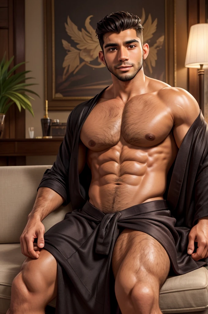 a handsome tan latino man in his late 20s with defined big fluffy hairy pecs, smooth oily skin, black model hair,, sitting on a couch manspread in a luxury living room, handsome model face, wearing silk robe naked