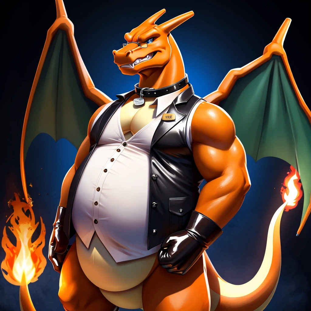 Solo, Male, fat, extremely obese, gentleman, dapper Professor Charizard, blue eyes, (posing:1.3), (soft shading), 4k, hi res, ((detailed face, detailed)), looking at viewer, mouth wide open, steampunk, collared shirt with buttons, top hat, male focus, Explorer Outfit, glasses, monocle, vest with buttons, sleeves rolled up, round eyewear, brown headwear, brown vest, Charizard is wearing a glossy leather dog collar around the neck, Charizard is wearing the leather collar and shirt and vest at the same time, Charizard is wearing glossy white rubber gloves on the hands, wearing white rubber gloves on the feet, gloves are rubber in texture, clenching teeth, clenching fists, leather collar is glossy and shiny with a lot of detail, Charizard is wearing gloves and leather collar at the same time, leather collar has a round dog-tag, leather collar is thick and detailed, leather collar is glossy and shiny, fancy clothing, dapper vest, dapper shirt, leather collar is thick.