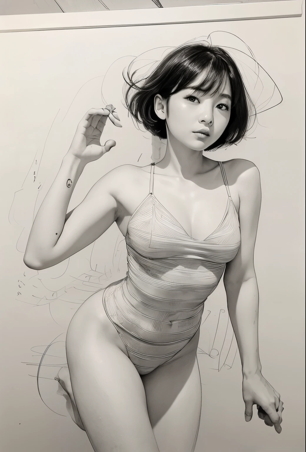 古い紙に描いた木炭のラフsketch, Image of a supple Asian woman,Sexy pose,Beautiful line drawing,+Expressive lines,表現力豊かなsketch風に描く, incubation, 白黒sketch, Hand-drawn, 古い紙に描いた木炭のラフsketch, Image of a supple woman,Dynamic pose,Beautiful line drawing,+Expressive lines,表現力豊かなsketch風に描く, incubation, 白黒sketch, Hand-drawn, sketch, Linear style::sketchノート風sketch, Linear style::sketch注釈スタイル