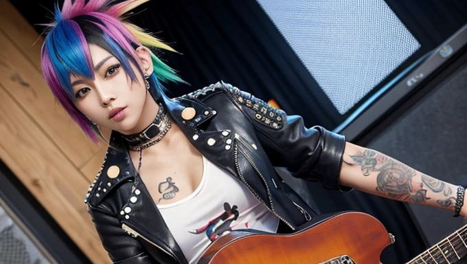 Japanese young beautiful girl idol、Full Body Tattoo、Playing guitar、Rainbow Mohawk、Expose large breasts、Skin-revealing punk fashion、Leather jacket covered in studs、Full body tattoos、