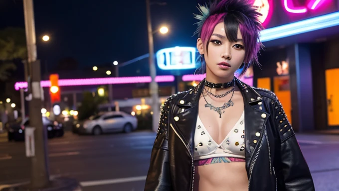 Japanese young beautiful girl idol、Full Body Tattoo、Playing guitar、Rainbow Mohawk、Expose large breasts、Skin-revealing punk fashion、Leather jacket covered in studs、Full body tattoos、