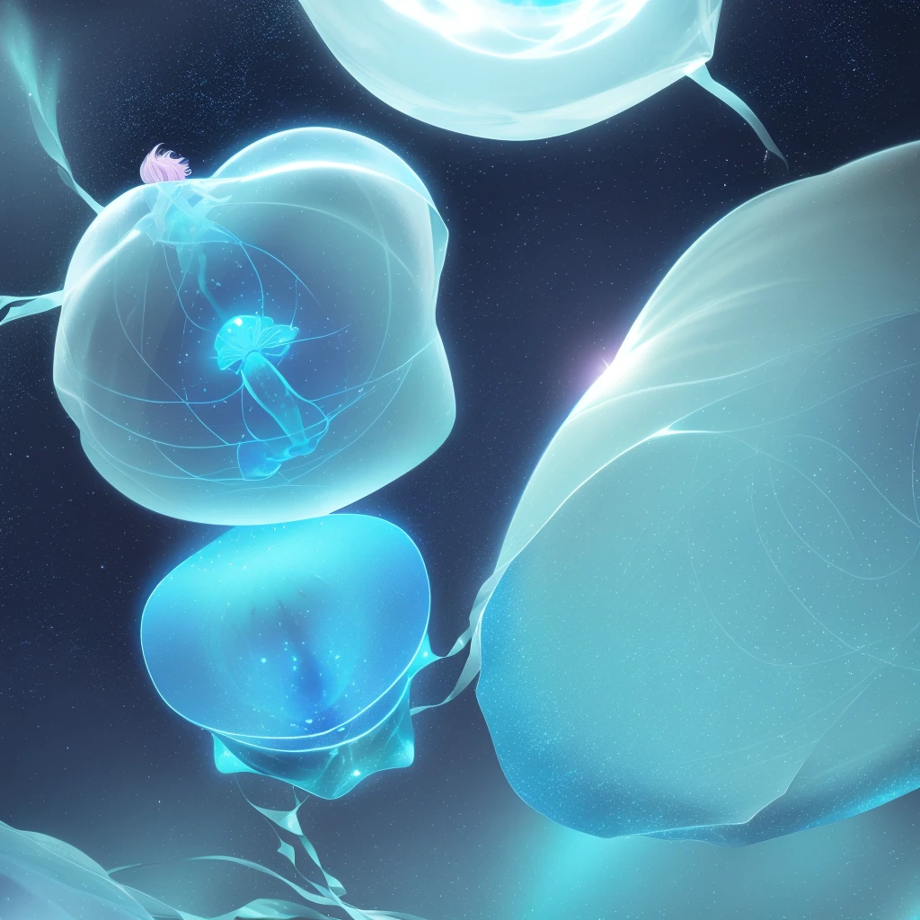 ((inside a big glass ball))(underwater) (floating bubbles) Under the sea ((fantastic starry sky )) (jellyfish) (Healing)((little)) (transparent dress)(sit) The Little Mermaid pink hair
blue Eye