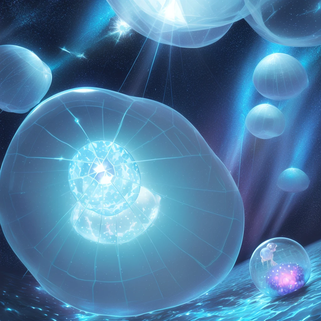 ((inside a big glass ball))(underwater) (floating bubbles) Under the sea ((fantastic starry sky )) (jellyfish) (Healing)((little)) (transparent dress)(sit) The Little Mermaid pink hair
blue Eye