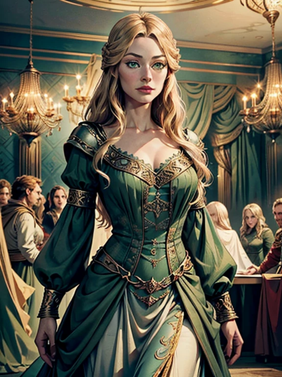 a beautiful woman in a long tight ball gown dress, Eowyn from the Lord of the Rings, exquisitely detailed portrait, detailed facial features, striking emerald green eyes, delicate facial structure, elegant hairstyle, dramatic ballroom setting with ornate chandeliers, luxurious interior, dramatic lighting, photorealistic, highly detailed, intricate fabric textures, shimmering satin, accentuating her figure, cinched waist, graceful pose, regal bearing, fantasy, digital art