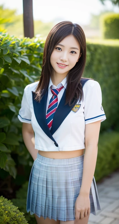 (a beautiful eurasian lady posing in a secret garden, age 28, (((full bodyesbian))), ((Girls' High School Uniforms)), red pleated skirt, short_bob_hair_ponytail, dimples, friendly & kind smile, snaggle-tooth, realistic skin textures, healthy body proportion, hyper-realism, photorealistic, beautiful detailed eyes, high contrast, ultra HD, top image quality, fine details, very meticulously, masterpiece, the_cowboy_shot, bokeh background) #ジーティーオー