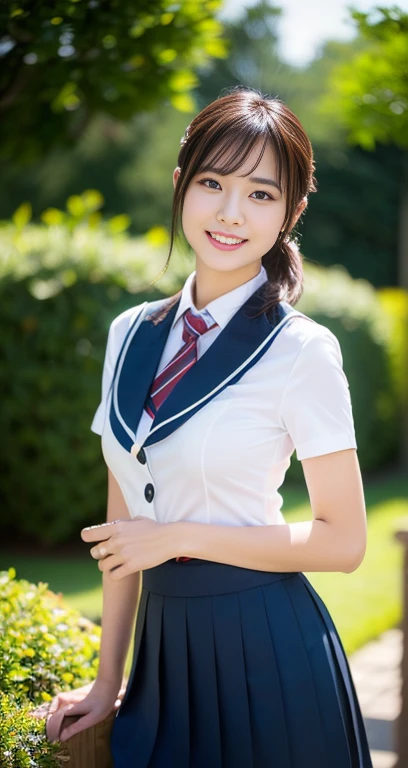 (a beautiful eurasian lady posing in a secret garden, age 28, (((full bodyesbian))), ((Girls' High School Uniforms)), red pleated skirt, short_bob_hair_ponytail, dimples, friendly & kind smile, snaggle-tooth, realistic skin textures, healthy body proportion, hyper-realism, photorealistic, beautiful detailed eyes, high contrast, ultra HD, top image quality, fine details, very meticulously, masterpiece, the_cowboy_shot, bokeh background) #ジーティーオー